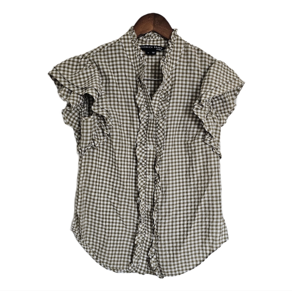 Veronica Beard Gingham Green and White Ruffle Button Shirt XS
